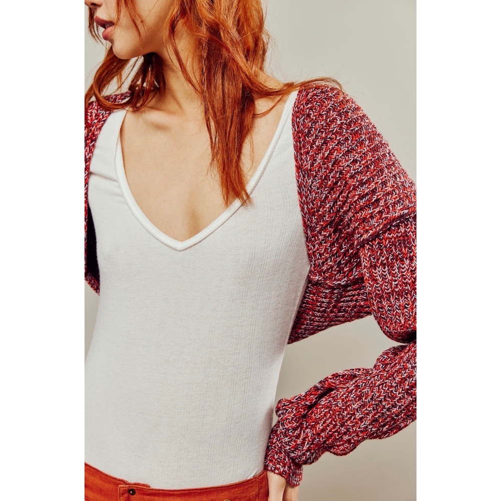Free People Iris Shrug Red Multi Marled Ribbed Knit Cropped Bolero Sweater Large